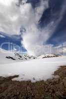 snowy mountains and sky with clouds