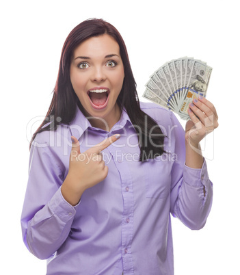 mixed race woman holding the new one hundred dollar bills