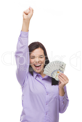 mixed race woman holding the new one hundred dollar bills