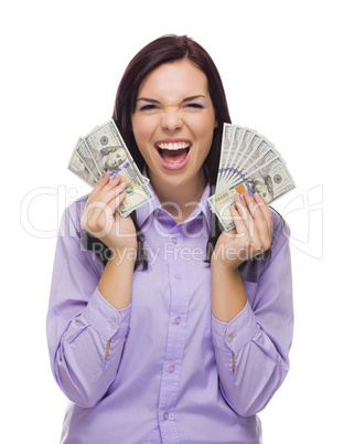 mixed race woman holding the new one hundred dollar bills