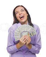 mixed race woman holding the new one hundred dollar bills