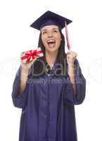 female graduate holding stack of gift wrapped hundred dollar bil