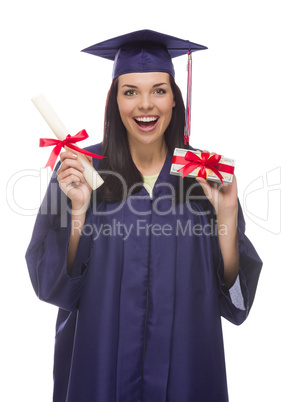 female graduate with diploma and stack of gift wrapped hundreds