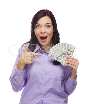 mixed race woman holding the new one hundred dollar bills