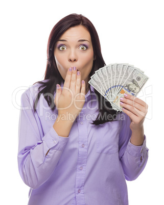 mixed race woman holding the new one hundred dollar bills