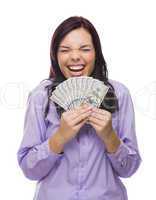 mixed race woman holding the new one hundred dollar bills