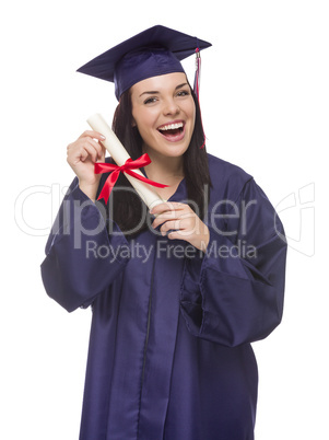 mixed race graduate in cap and gown holding her diploma.