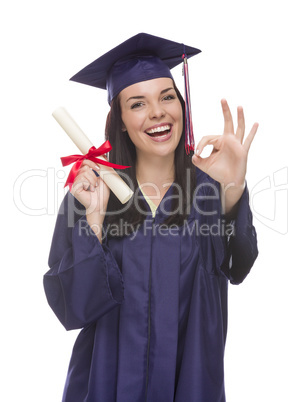 mixed race graduate in cap and gown holding her diploma.