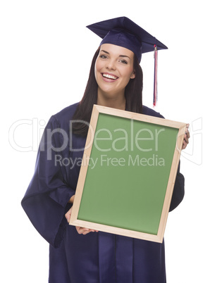 mixed race female graduate in cap and gown holding chalkboard.