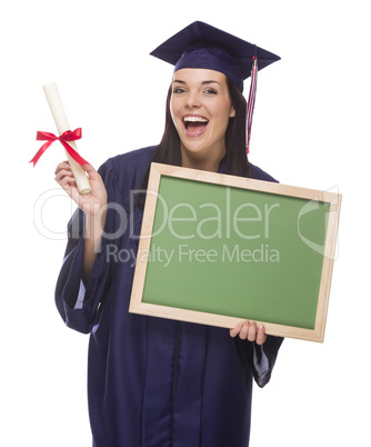 female graduate in cap and gown holding diploma,.blank chalkboar