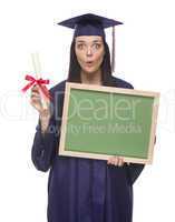 female graduate in cap and gown holding diploma,.blank chalkboar