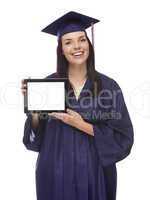 female graduate in cap and gown holding blank computer tablet