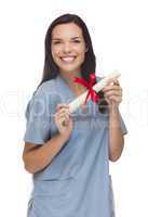 mixed race female nurse or doctor with diploma wearing scrubs