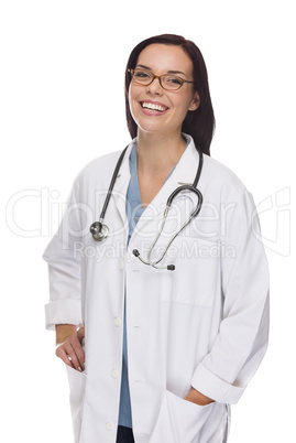 mixed race female nurse or doctor wearing scrubs and stethoscope