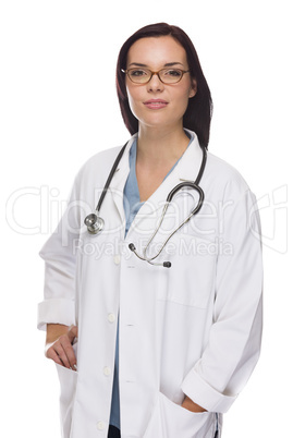 mixed race female nurse or doctor wearing scrubs and stethoscope