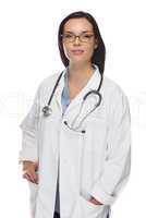 mixed race female nurse or doctor wearing scrubs and stethoscope