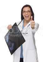 mixed race thumbs up female doctor or nurse holding x-ray