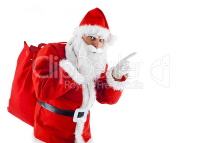 Young Santa Claus pointing on white background