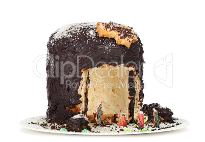 Panettone shaped nativity scene on white background