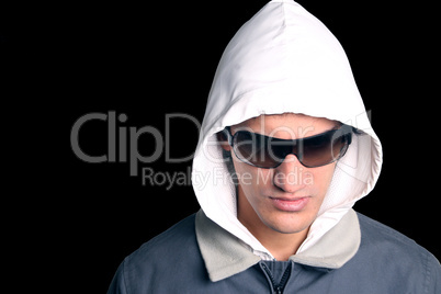 man in hood wearing sun glasses