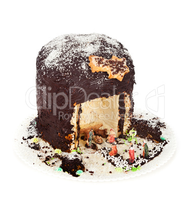 Panettone shaped nativity scene on white background