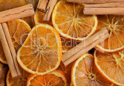 Texture of orange slices and cinnamon