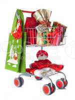 Shopping cart full of Christmas gifts