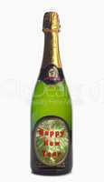 Bottle of champagne with label "happy new year"