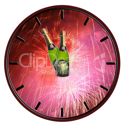 Clock with bottle of champagne waiting for midnight