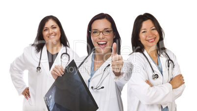 hispanic female doctors or nurses with thumbs up holding x-ray