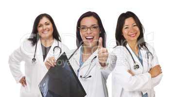 hispanic female doctors or nurses with thumbs up holding x-ray