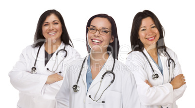 three hispanic and mixed race female doctors or nurses