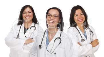 three hispanic and mixed race female doctors or nurses