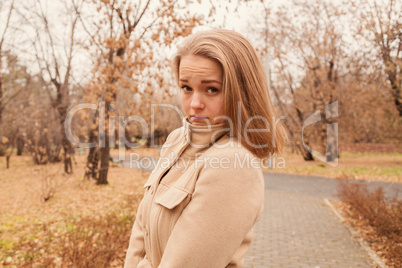 portrait of a beautiful girl in the park in autumn