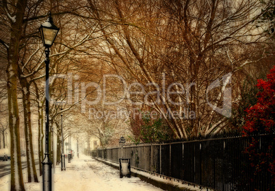 old georgian street in traditional winter snow scene