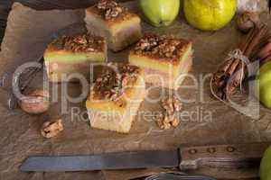 apple strudel with vanilla pudding and nuts