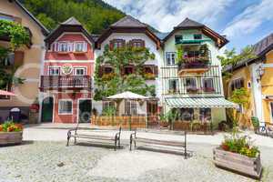 colorful houses village square in hallstatt