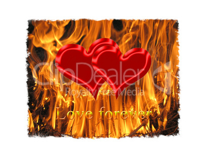 pair of red symbolic hearts in the flame
