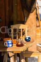 tea and cake on wooden table cottage