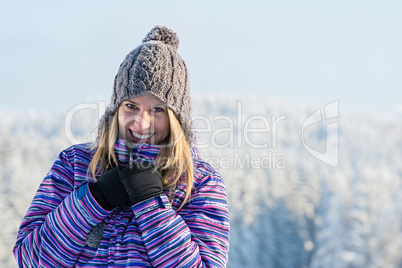 winter sporty woman portrait snow mountains