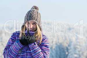 winter sporty woman portrait snow mountains