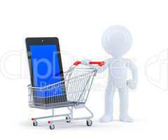 3d man with shopping cart and blank screen tablet.