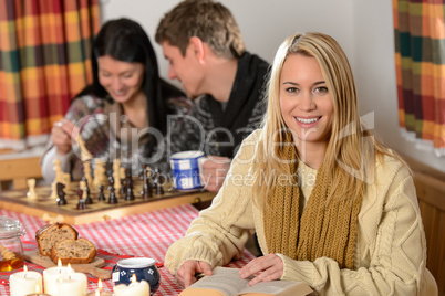 young people spend winter holiday country cottage