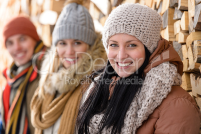 young friends in winter clothes countryside