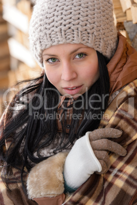 fashion winter woman cover in blanket countryside
