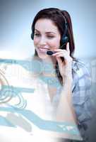 Caucasian smiling businesswoman with headset on