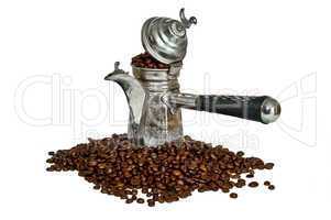 turkish coffee pot and coffee beans
