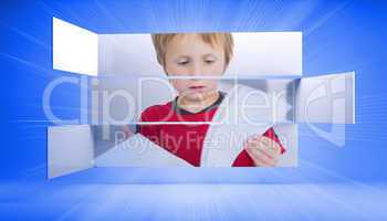 Screen showing boy holding papers