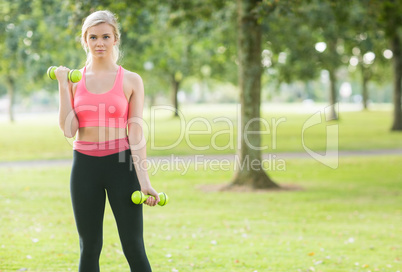 Active attractive blonde lifting dumbbells