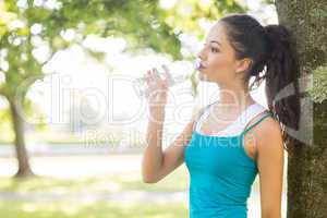 Active peaceful brunette drinking from a water bottle